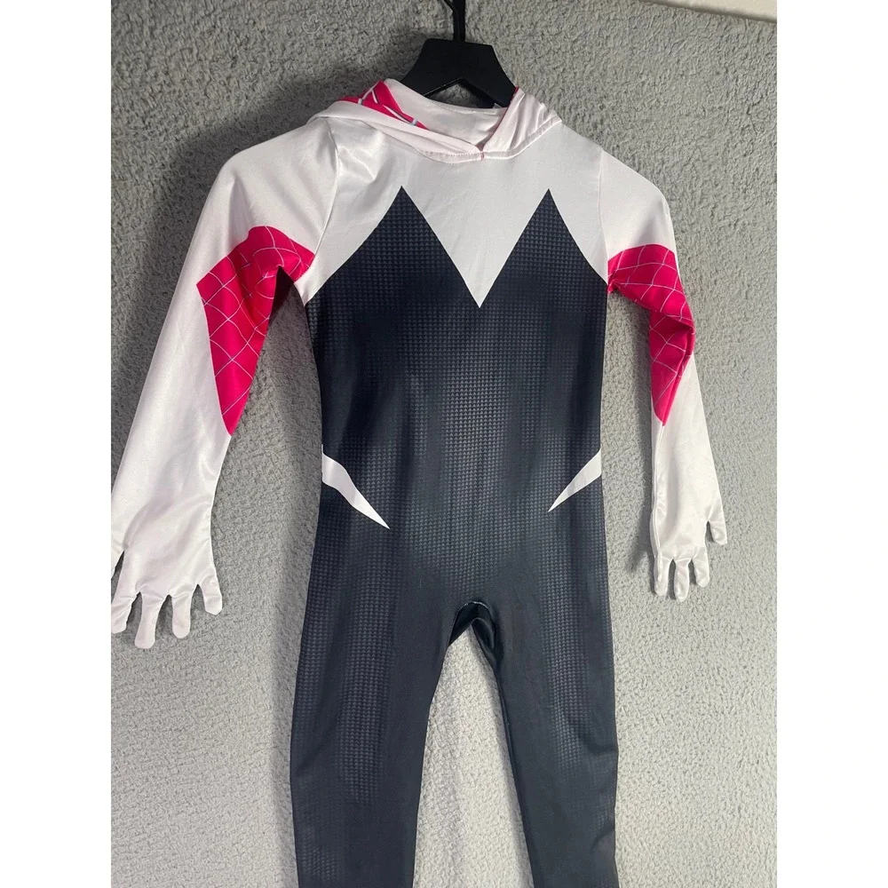 Spider Gwen Ghost Spider Kids Costume Jumpsuit Youth M L Hooded Cosplay Bodysuit